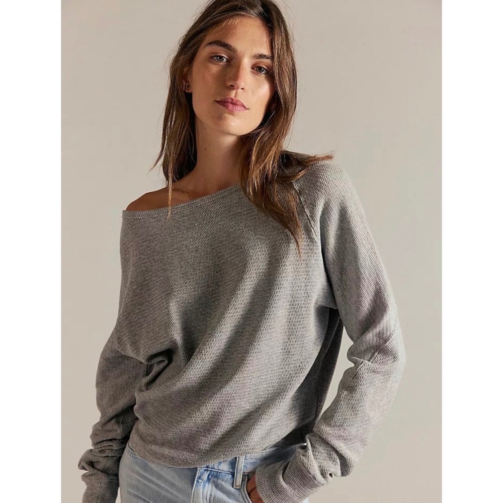 Free People We The Free Jess Long Sleeve Heather Grey Waffle Knit Top OB2291593